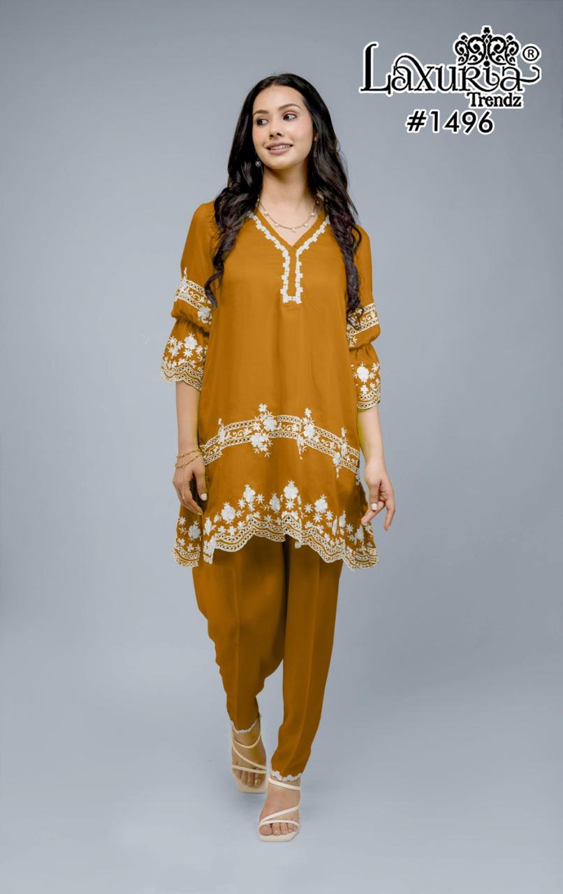 1496 Yellow Laxuria Trendz Embroidery Co Ord Set