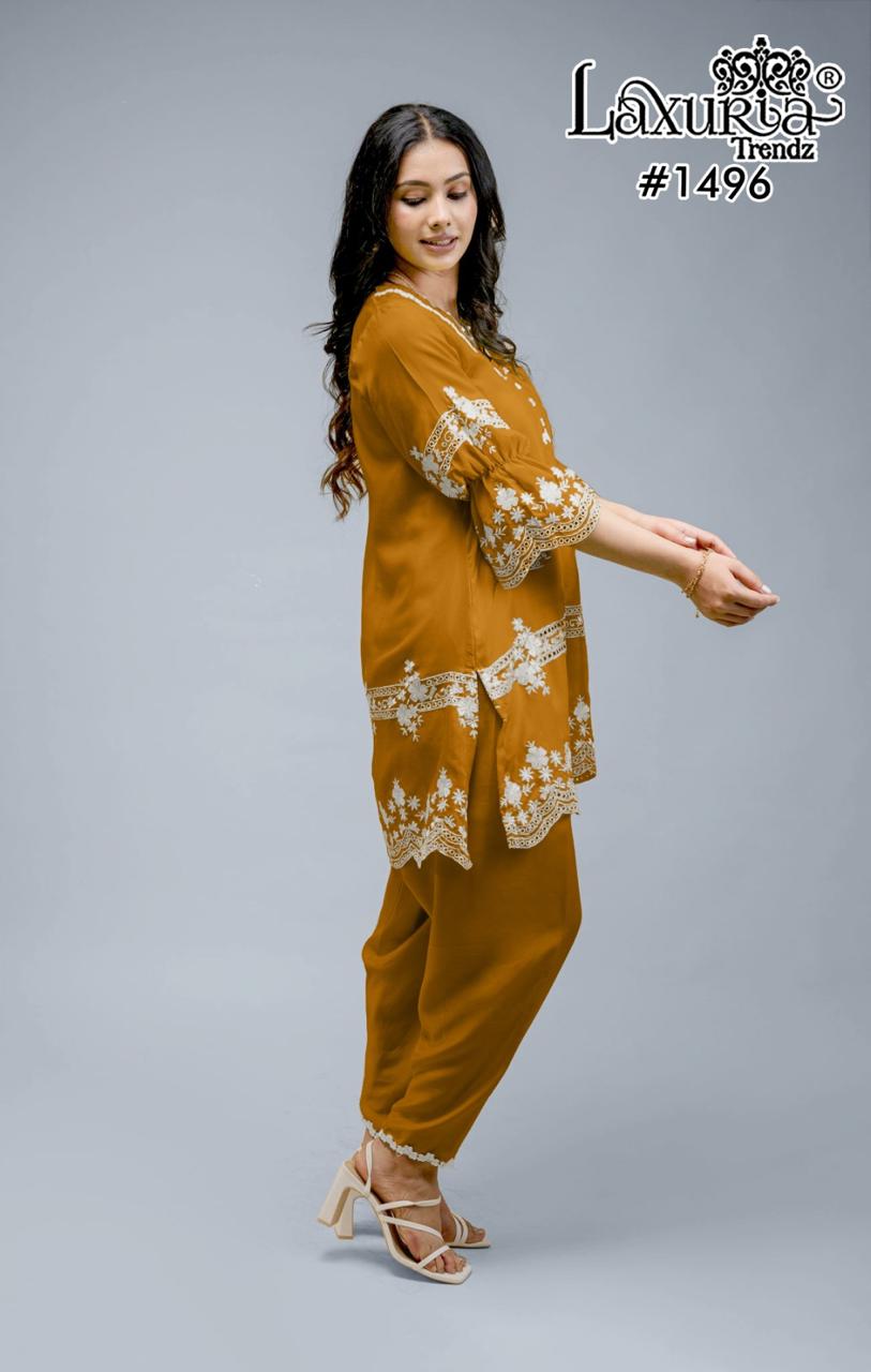 1496 Yellow Laxuria Trendz Embroidery Co Ord Set