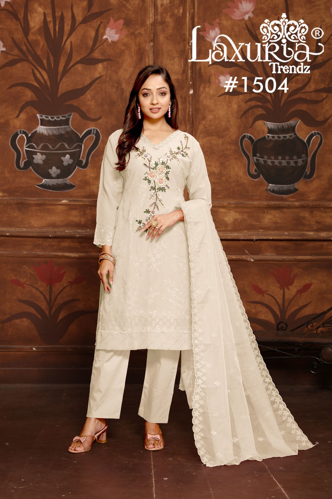 1504 Off White Laxuria Trendz Fox Georgette Pakistani Readymade Suits