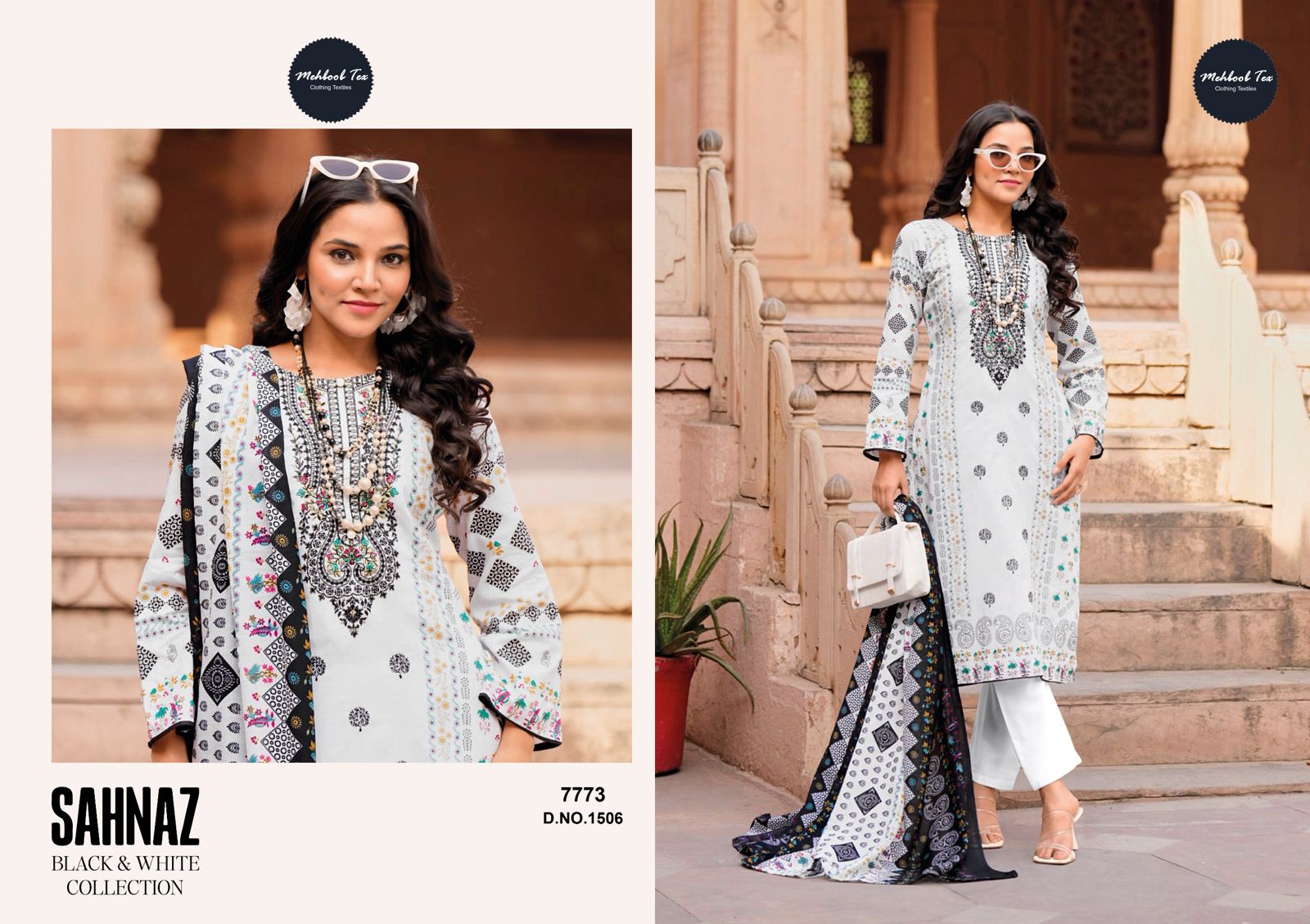 1506 Sahnaz Black And White Collection Mehboob Tex Embroidery Pakistani Salwar Suits