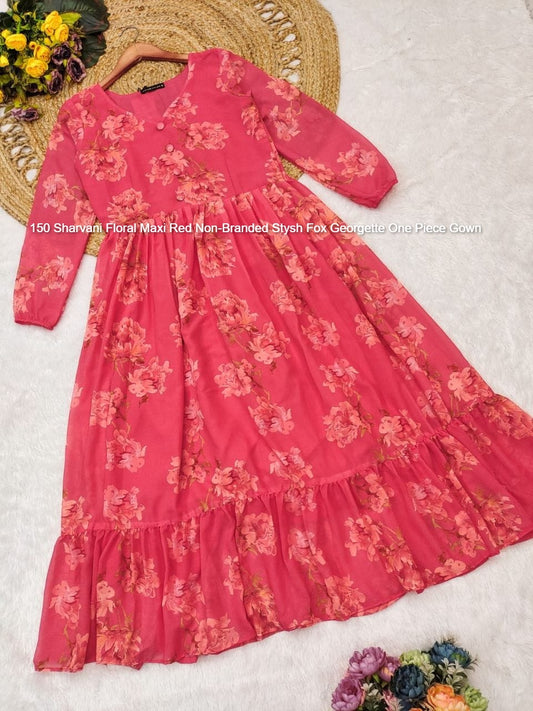 150 Sharvani Floral Maxi Red Non-Branded Stysh Fox Georgette One Piece Gown