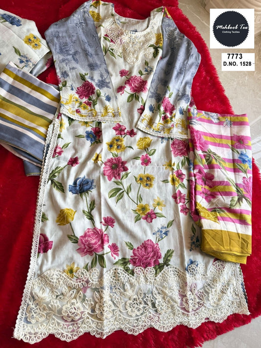 1528 White Mehboob Tex Embroidery Pakistani Patch Suits