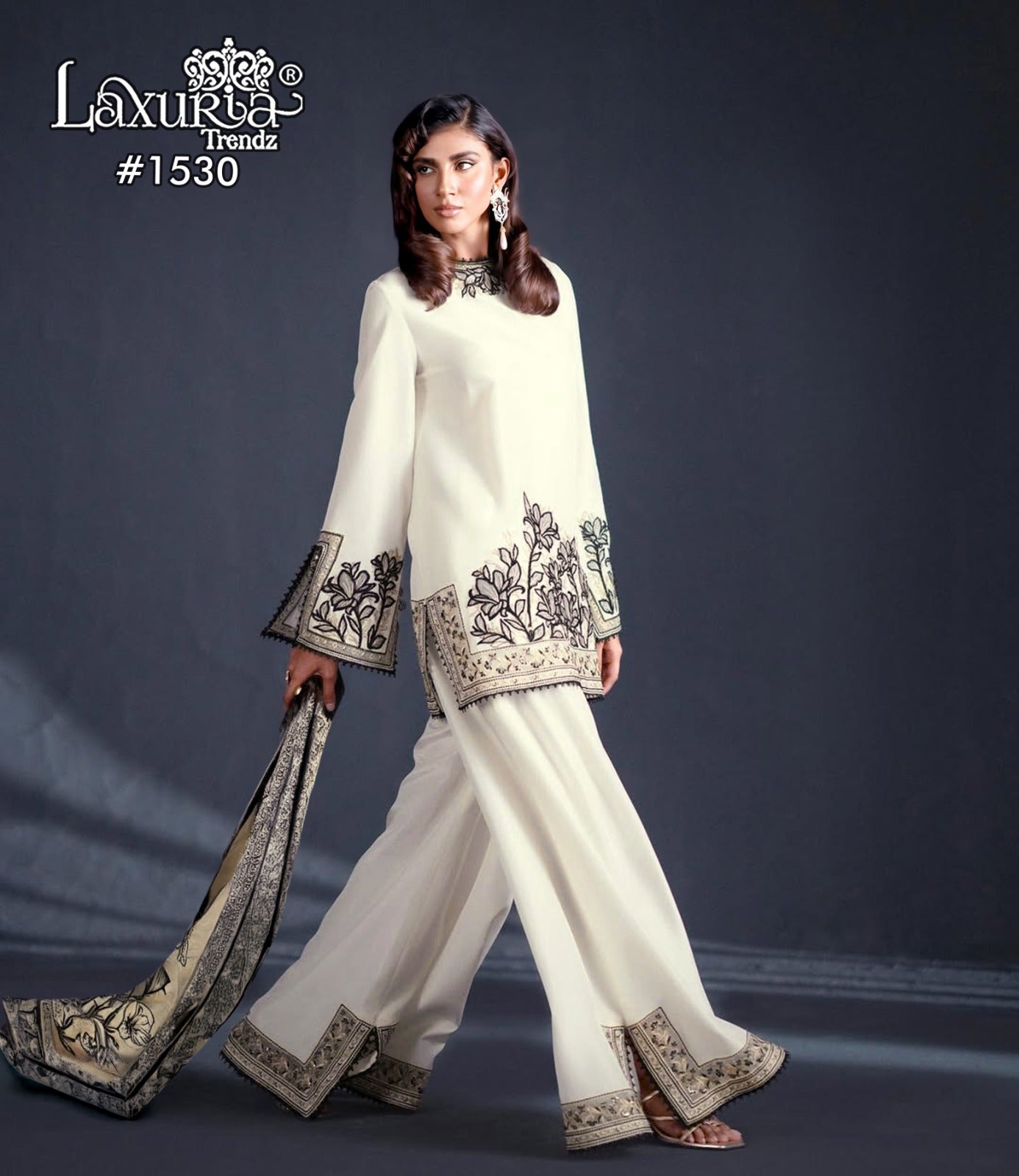 1530 White Laxuria Trendz Embroidrey Co Ord Set