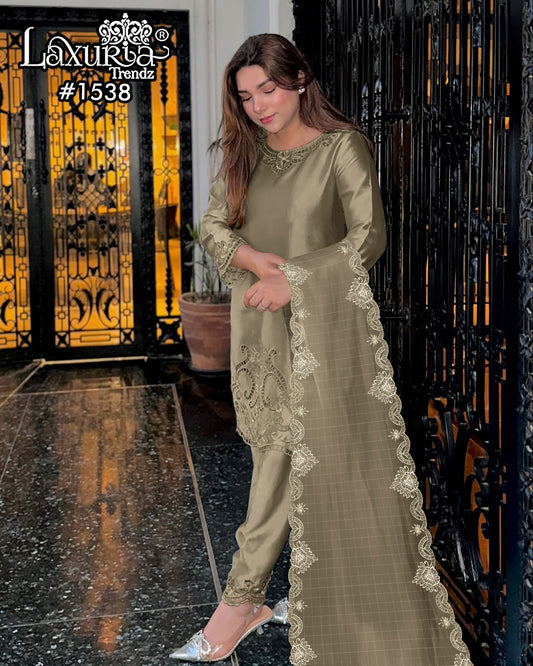 1538 Mehndi Laxuria Trendz Satin Pakistani Readymade Suits