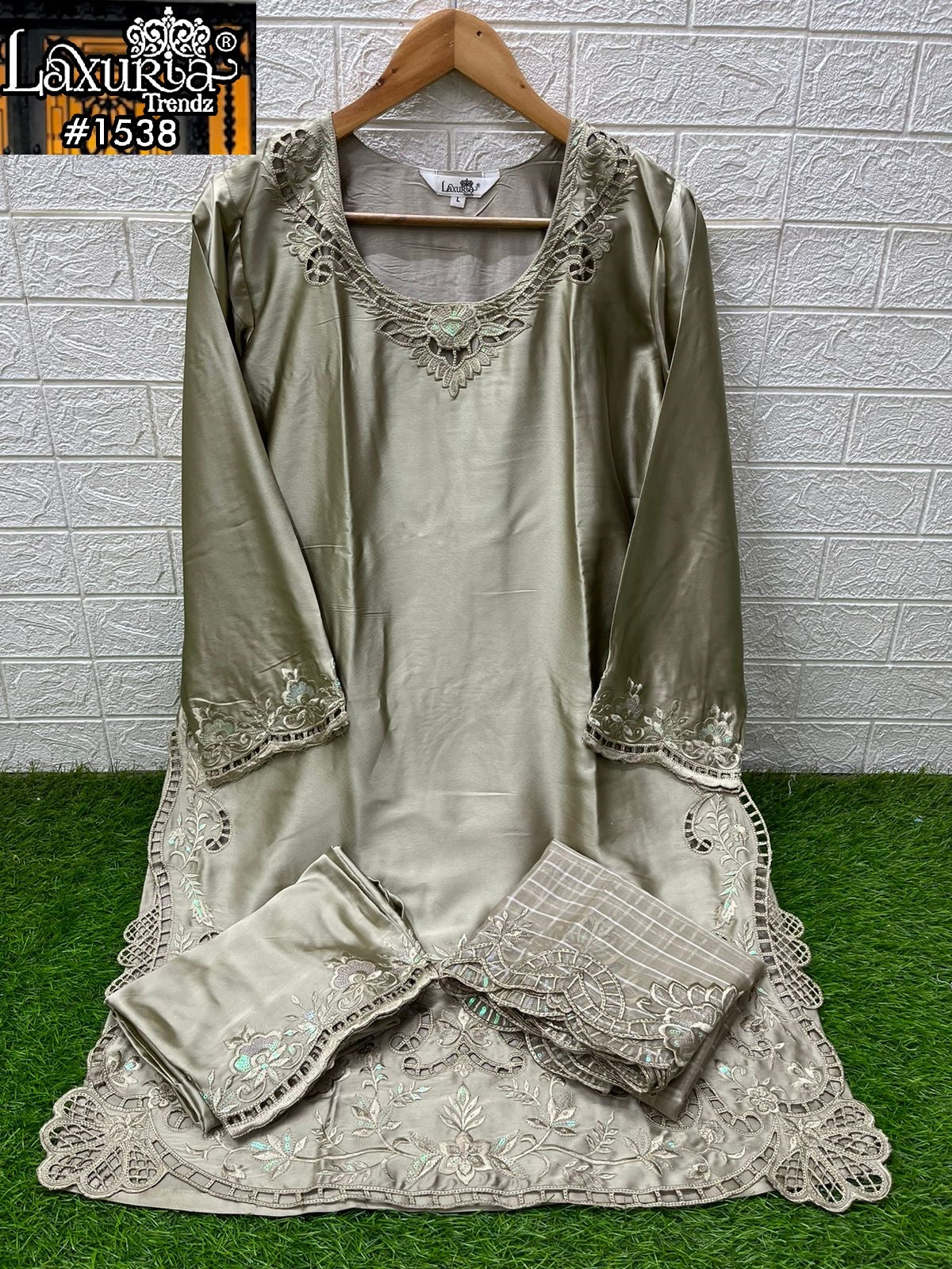 1538 Mehndi Laxuria Trendz Satin Pakistani Readymade Suits