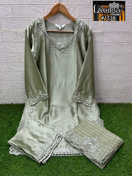 1538 Pista Green Laxuria Trendz Satin Pakistani Readymade Suits