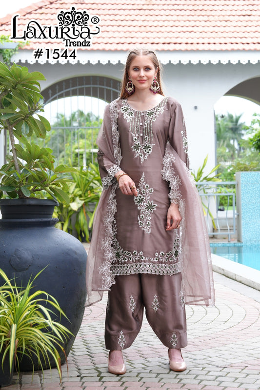 1544 Mauve Brown Laxuria Trendz Satin Pakistani Readymade Suits