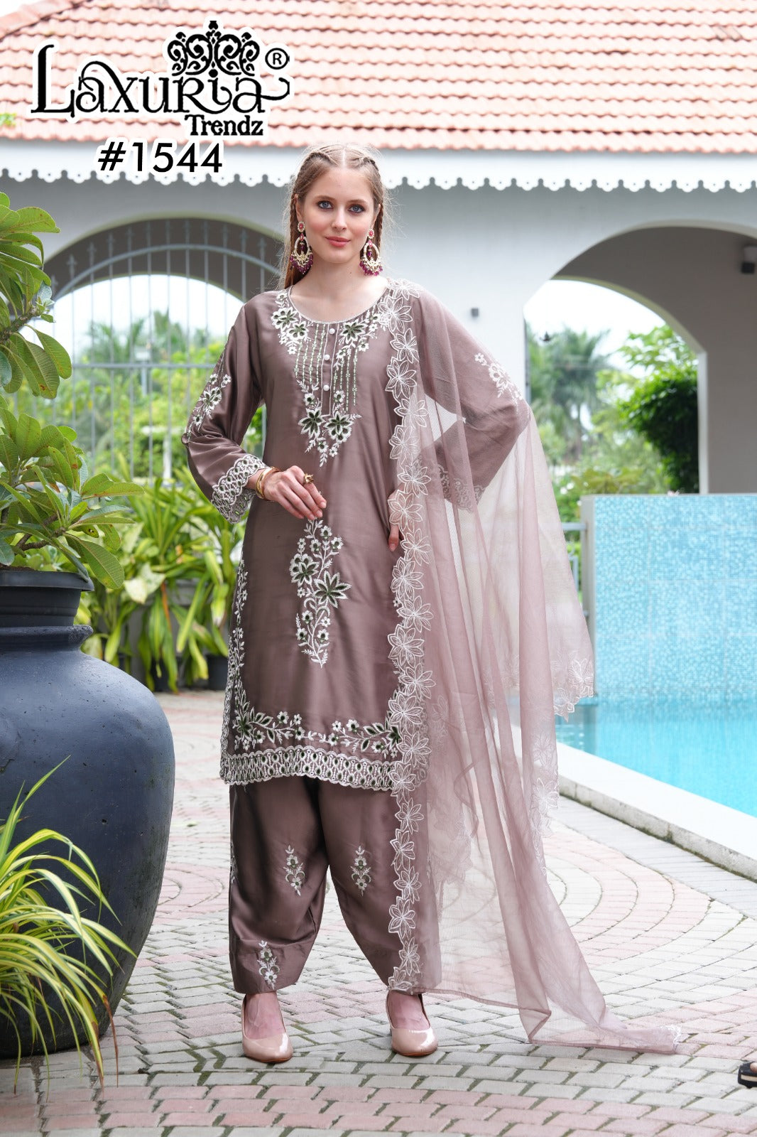 1544 Mauve Brown Laxuria Trendz Satin Pakistani Readymade Suits