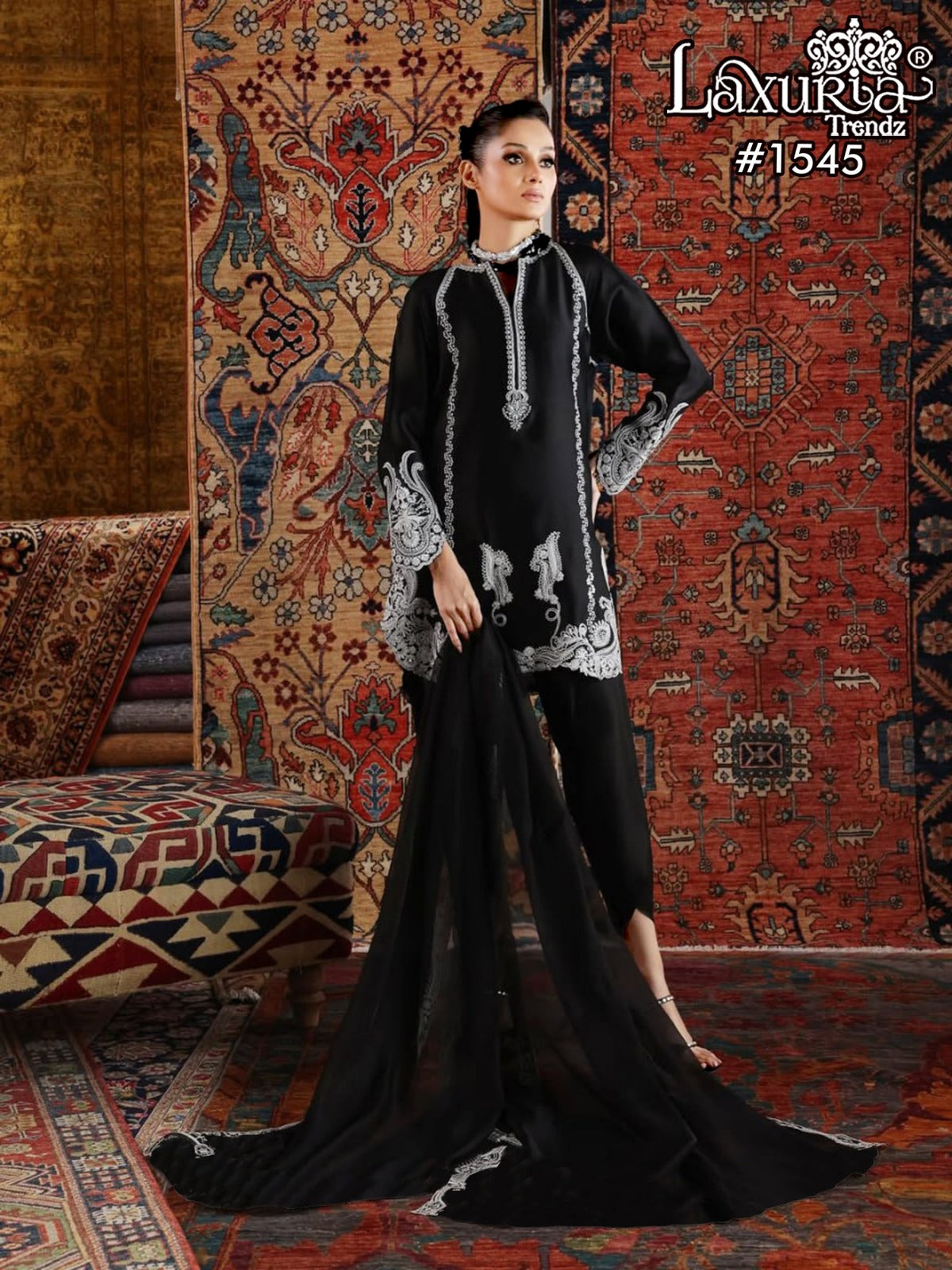 1545 Black Laxuria Trendz Satin Pakistani Readymade Suits