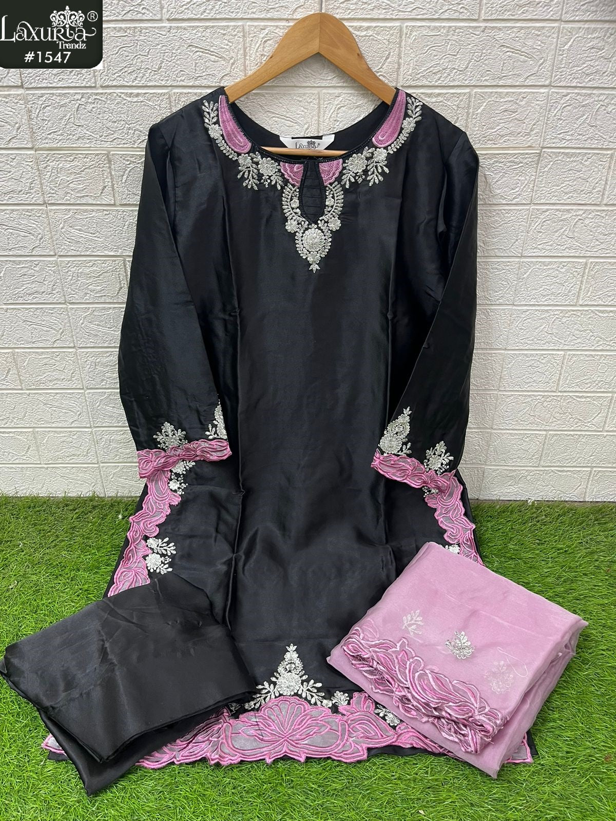 1547 Pink Black Laxuria Trendz Satin Pakistani Readymade Suits