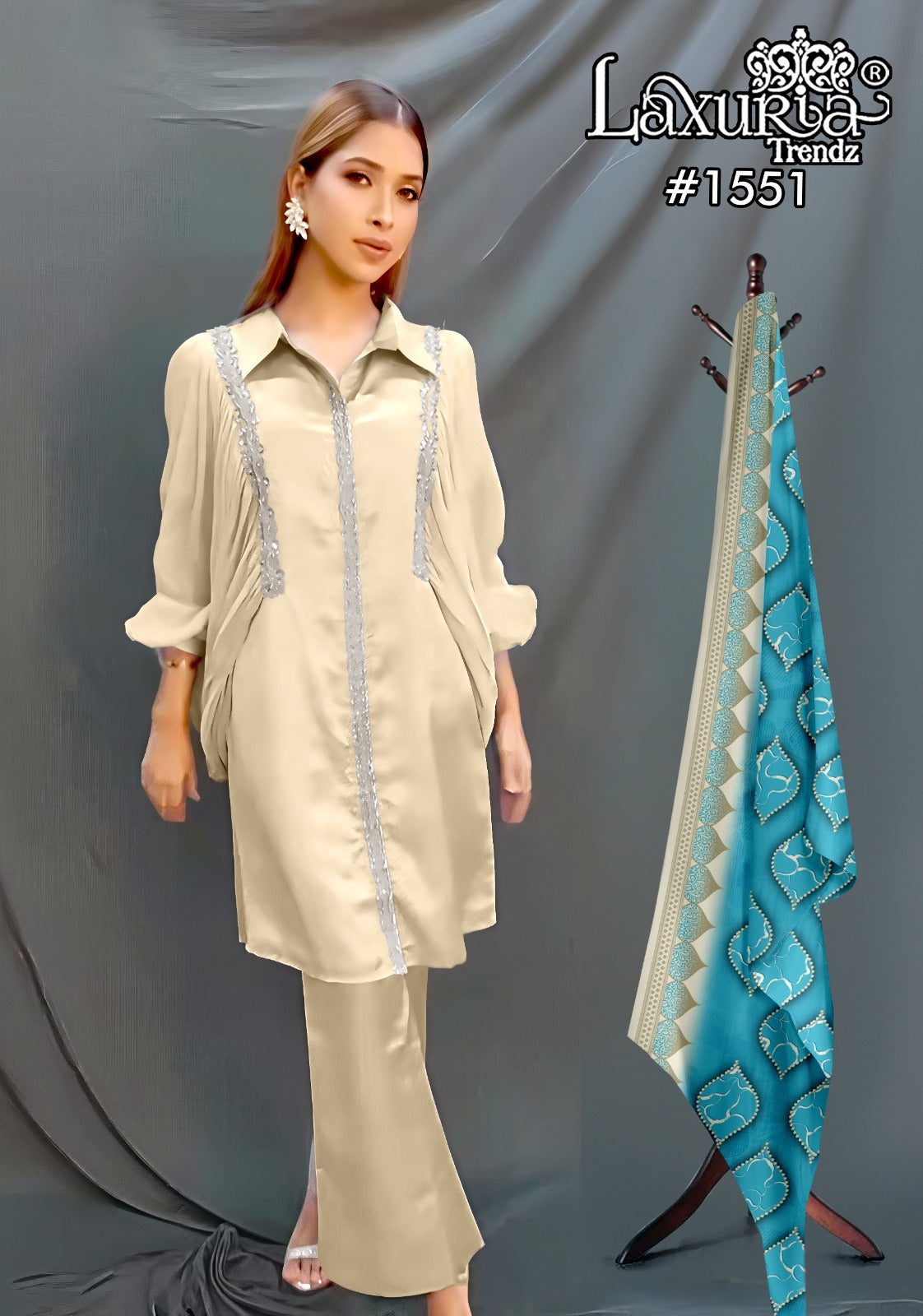 1551 Cream Laxuria Trendz Satin Pakistani Readymade Suits