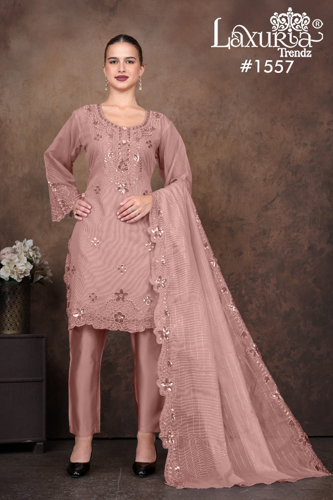 1557 Peach Laxuria Trendz Kota Linning Pakistani Readymade Suits