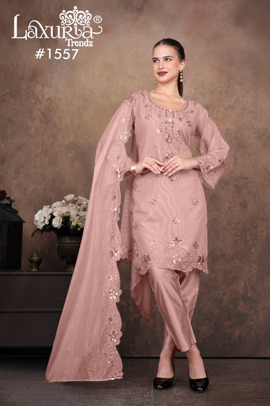 1557 Peach Laxuria Trendz Kota Linning Pakistani Readymade Suits