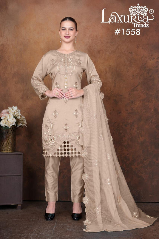 1558 Beige Laxuria Trendz Vichitra Simmer Pakistani Readymade Suits