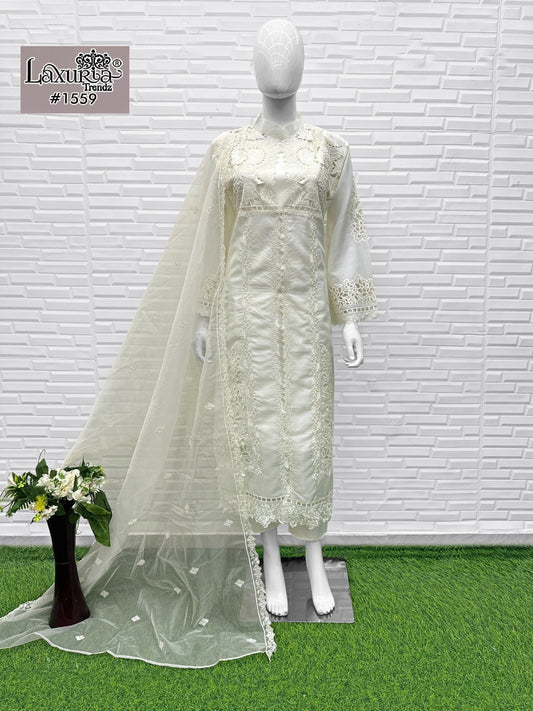 1559 White Laxuria Trendz Organza Silk Pakistani Readymade Suits
