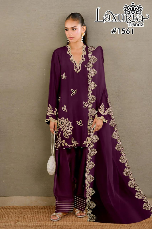 1561 Wine Laxuria Trendz Heavy Crape Pakistani Readymade Suits