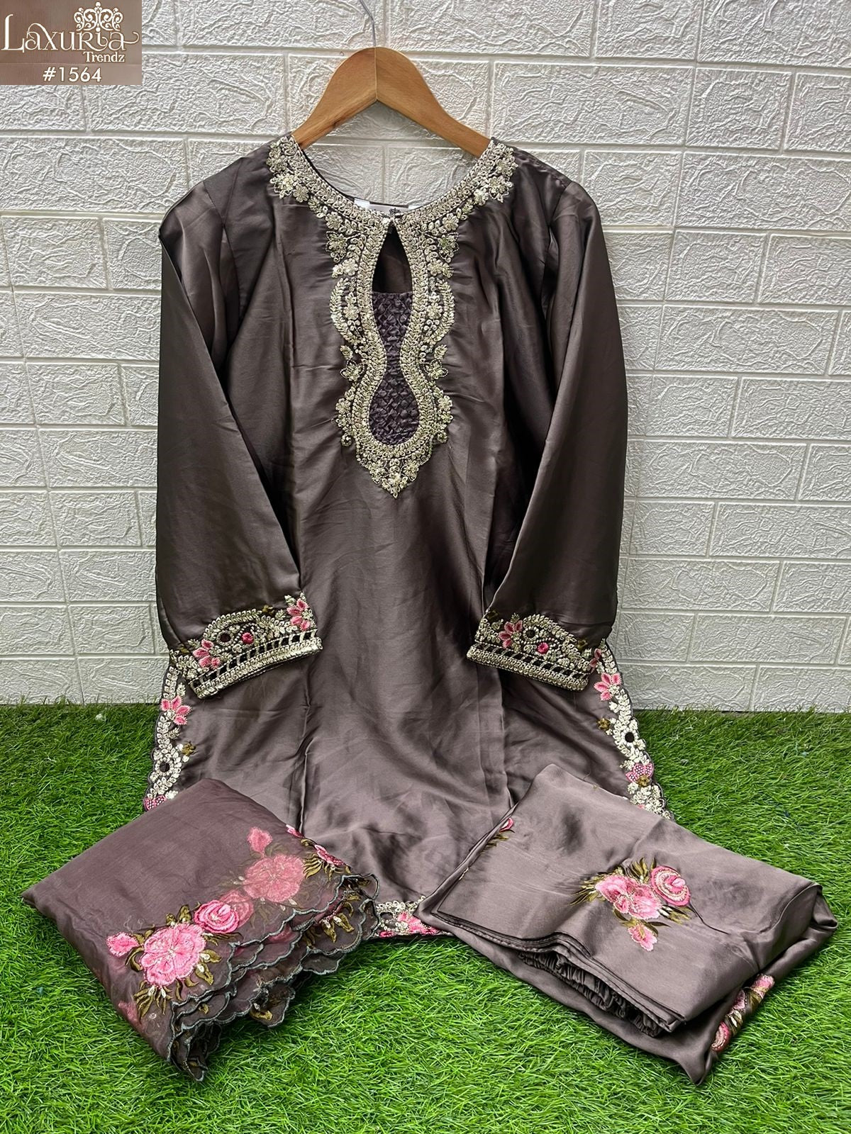 1564 Brown Laxuria Trendz Satin Pakistani Readymade Suits