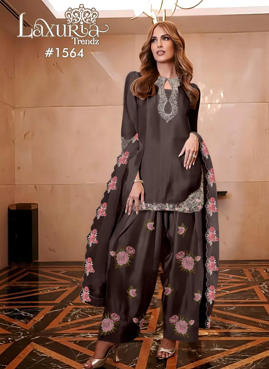 1564 Brown Laxuria Trendz Satin Pakistani Readymade Suits