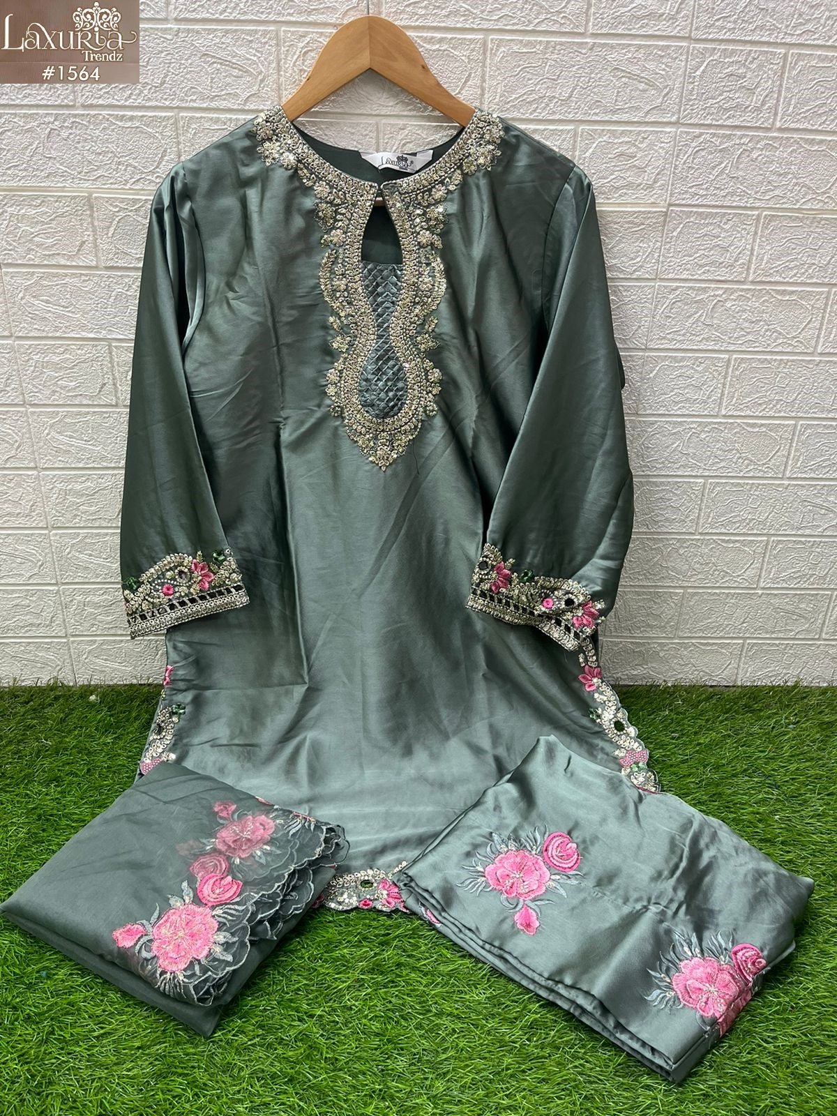 1564 Deep Grey Laxuria Trendz Satin Pakistani Readymade Suits