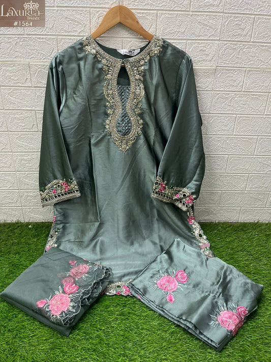 1564 Deep Grey Laxuria Trendz Satin Pakistani Readymade Suits