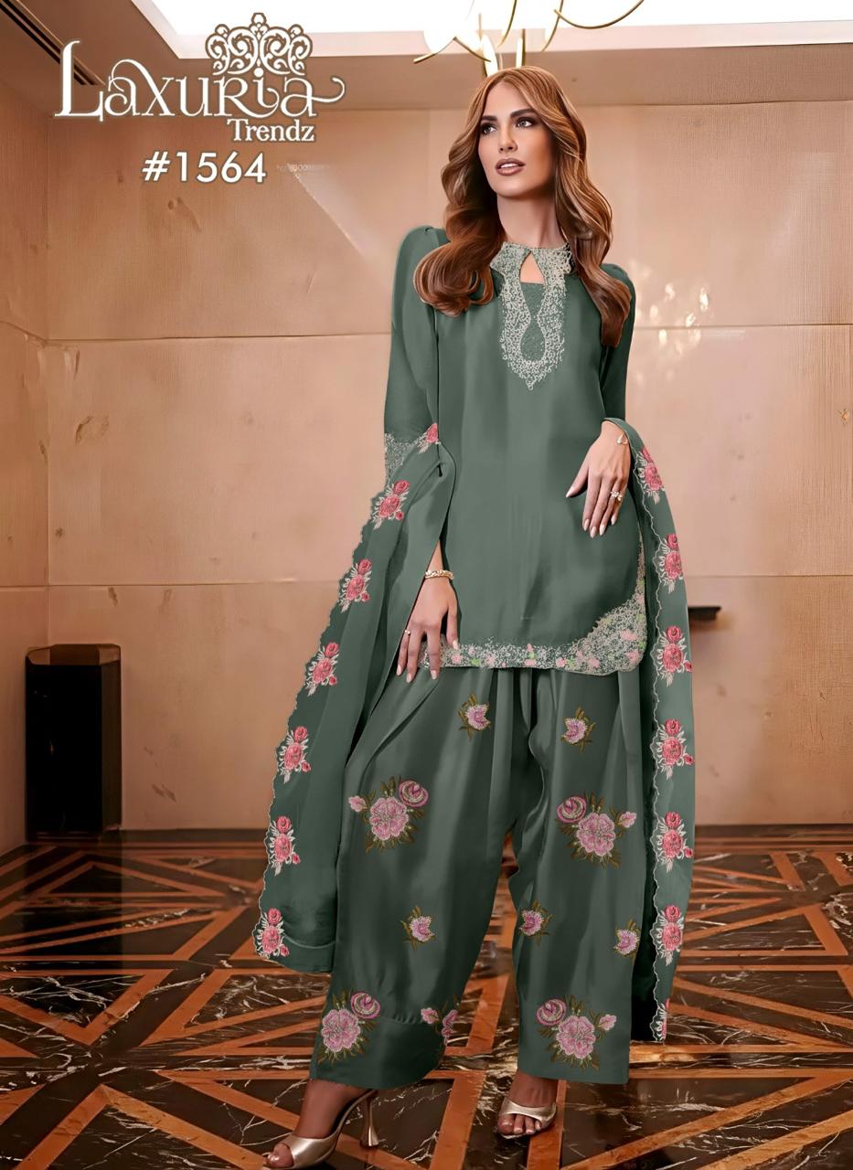 1564 Deep Grey Laxuria Trendz Satin Pakistani Readymade Suits