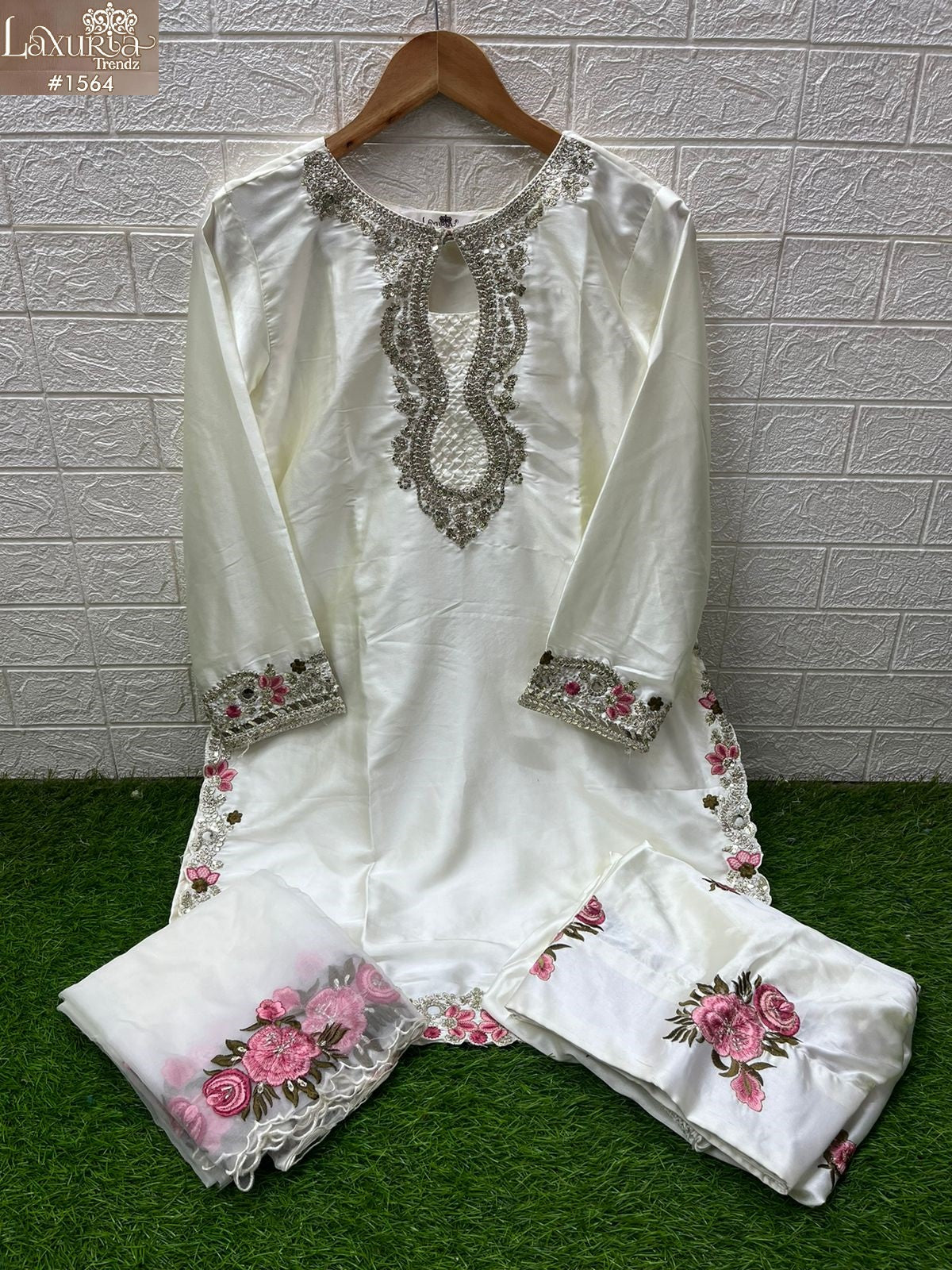 1564 Off White Laxuria Trendz Satin Pakistani Readymade Suits