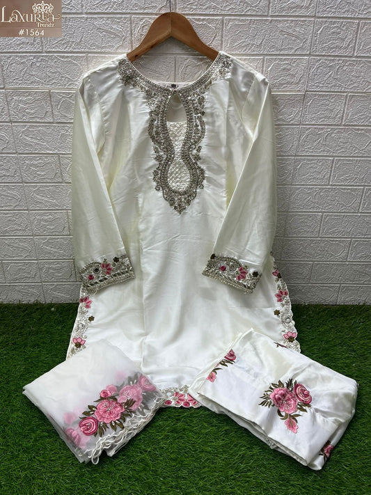 1564 Off White Laxuria Trendz Satin Pakistani Readymade Suits