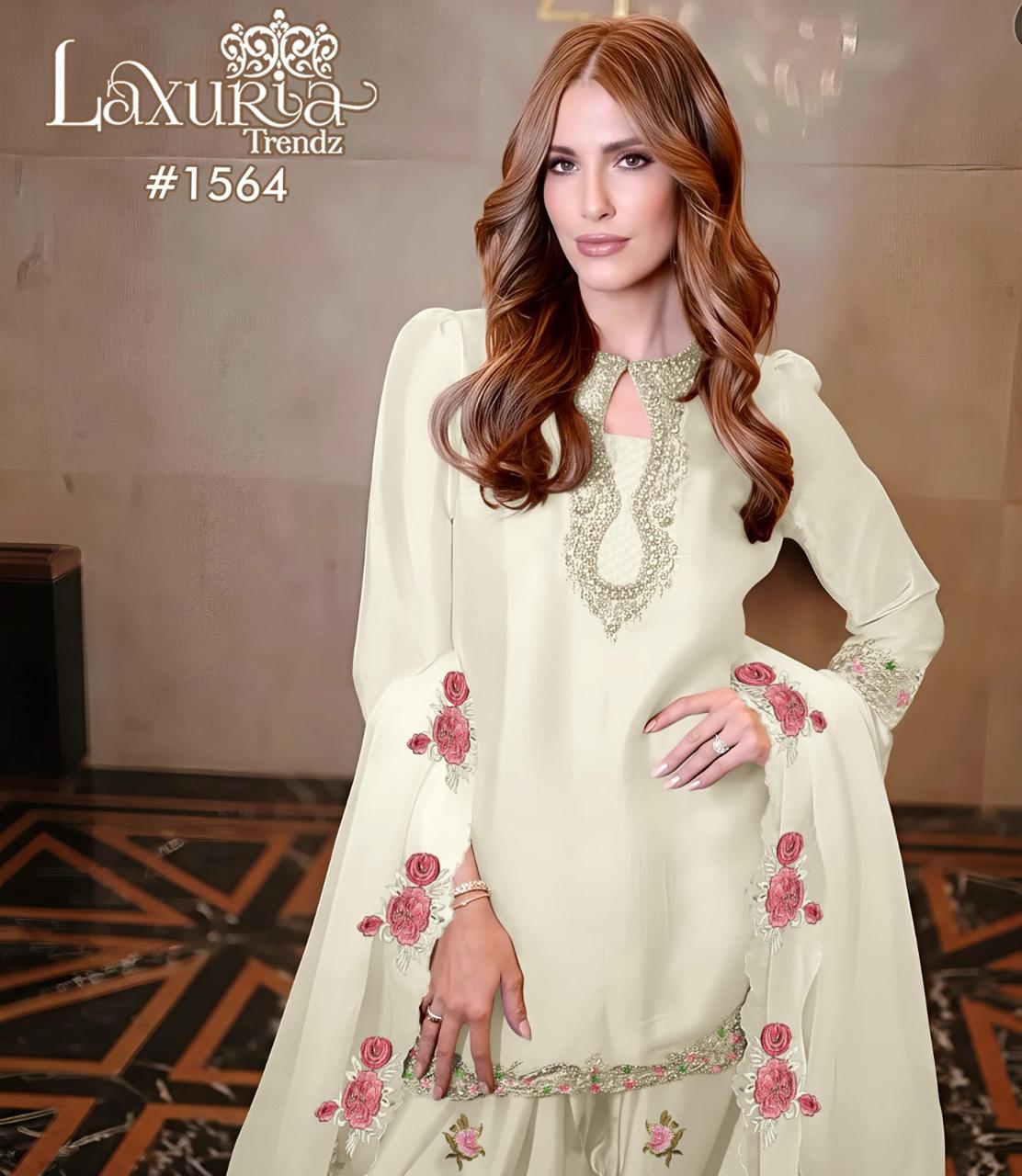 1564 Off White Laxuria Trendz Satin Pakistani Readymade Suits
