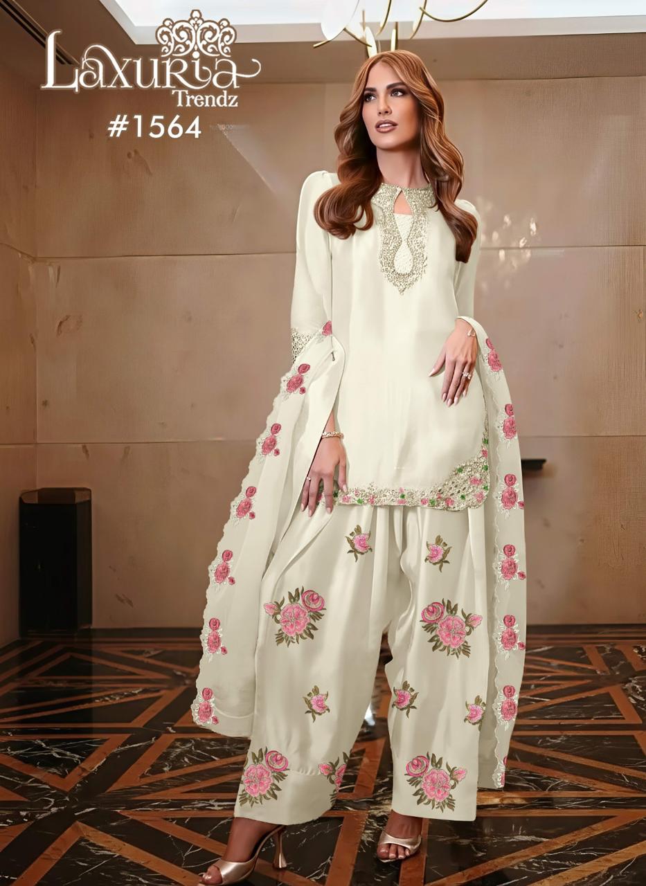 1564 Off White Laxuria Trendz Satin Pakistani Readymade Suits