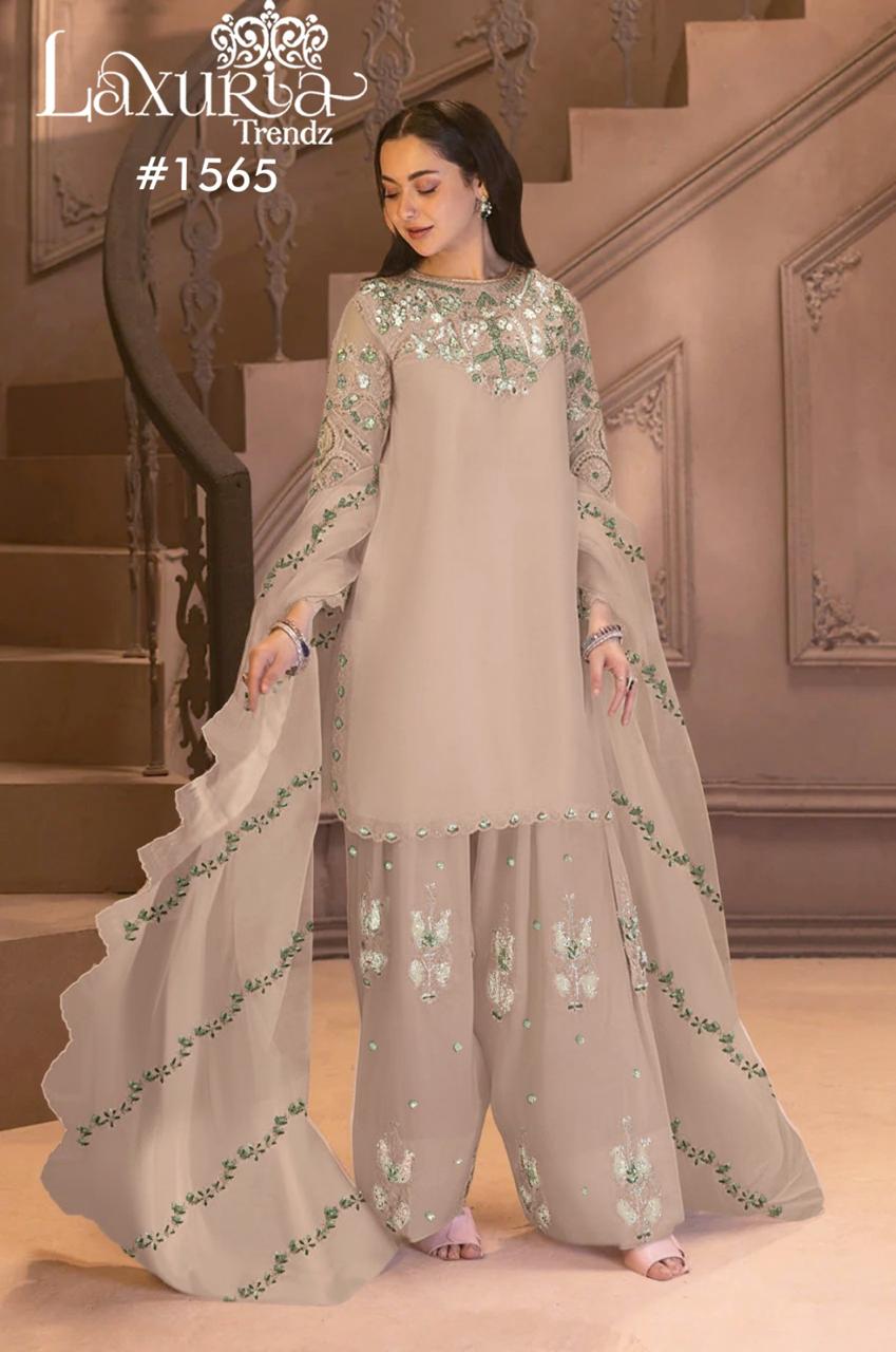 1565 Light Beige Laxuria Trendz Satin Pakistani Readymade Suits