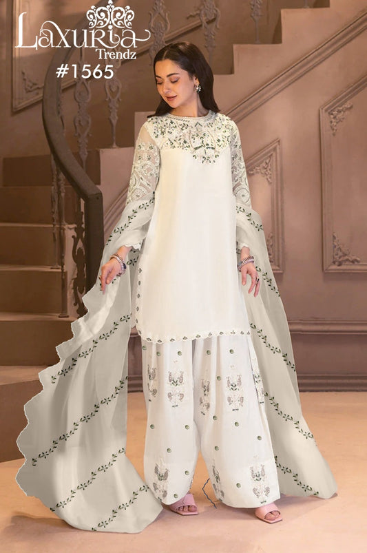 1565 White Laxuria Trendz Satin Pakistani Readymade Suits