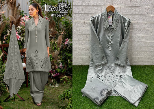 1567 Grey Laxuria Trendz Satin Pakistani Readymade Suits