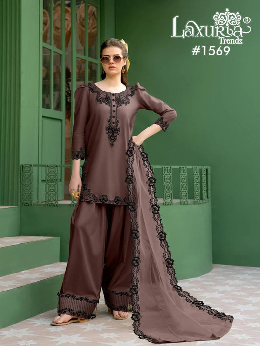 1569 Coffee Laxuria Trendz Satin Pakistani Readymade Suits