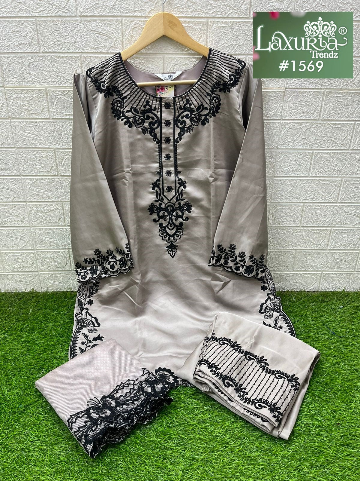 1569 Grey Laxuria Trendz Satin Pakistani Readymade Suits