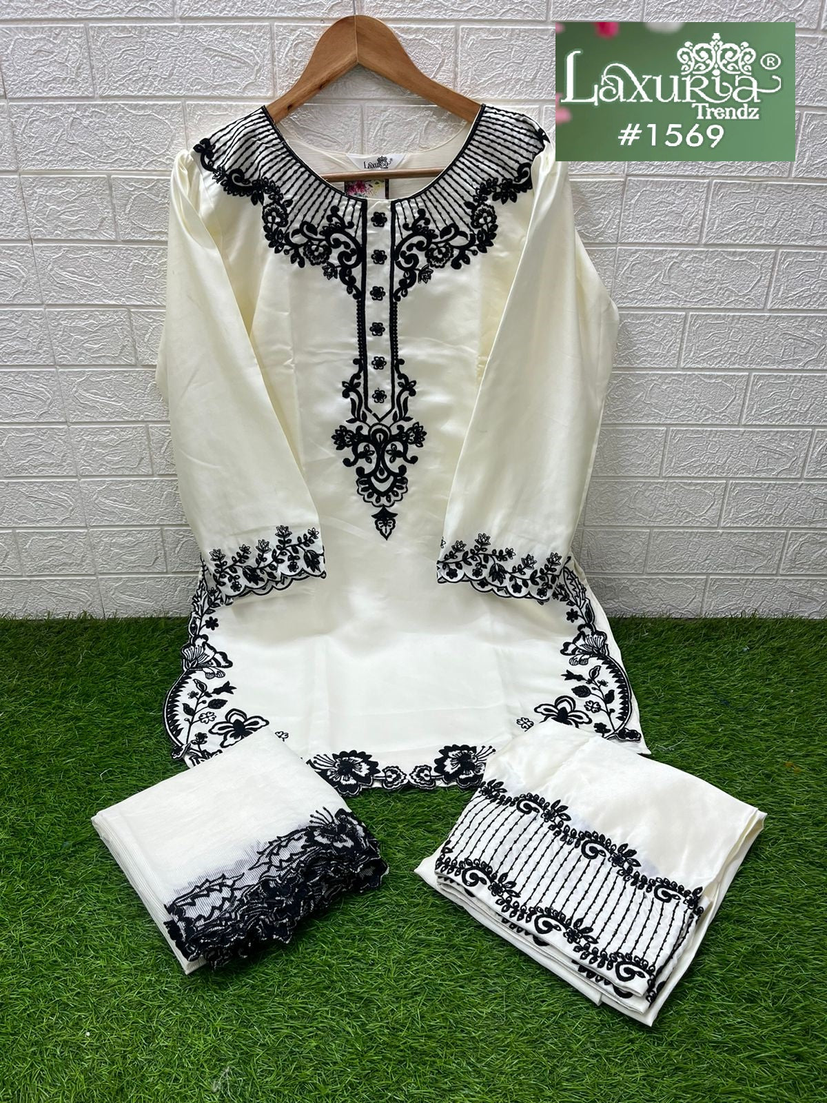 1569 Off White Laxuria Trendz Satin Pakistani Readymade Suits