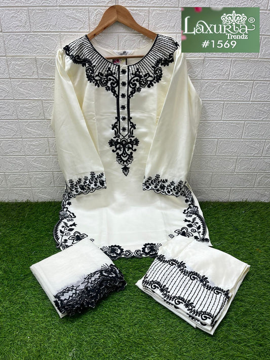 1569 Off White Laxuria Trendz Satin Pakistani Readymade Suits