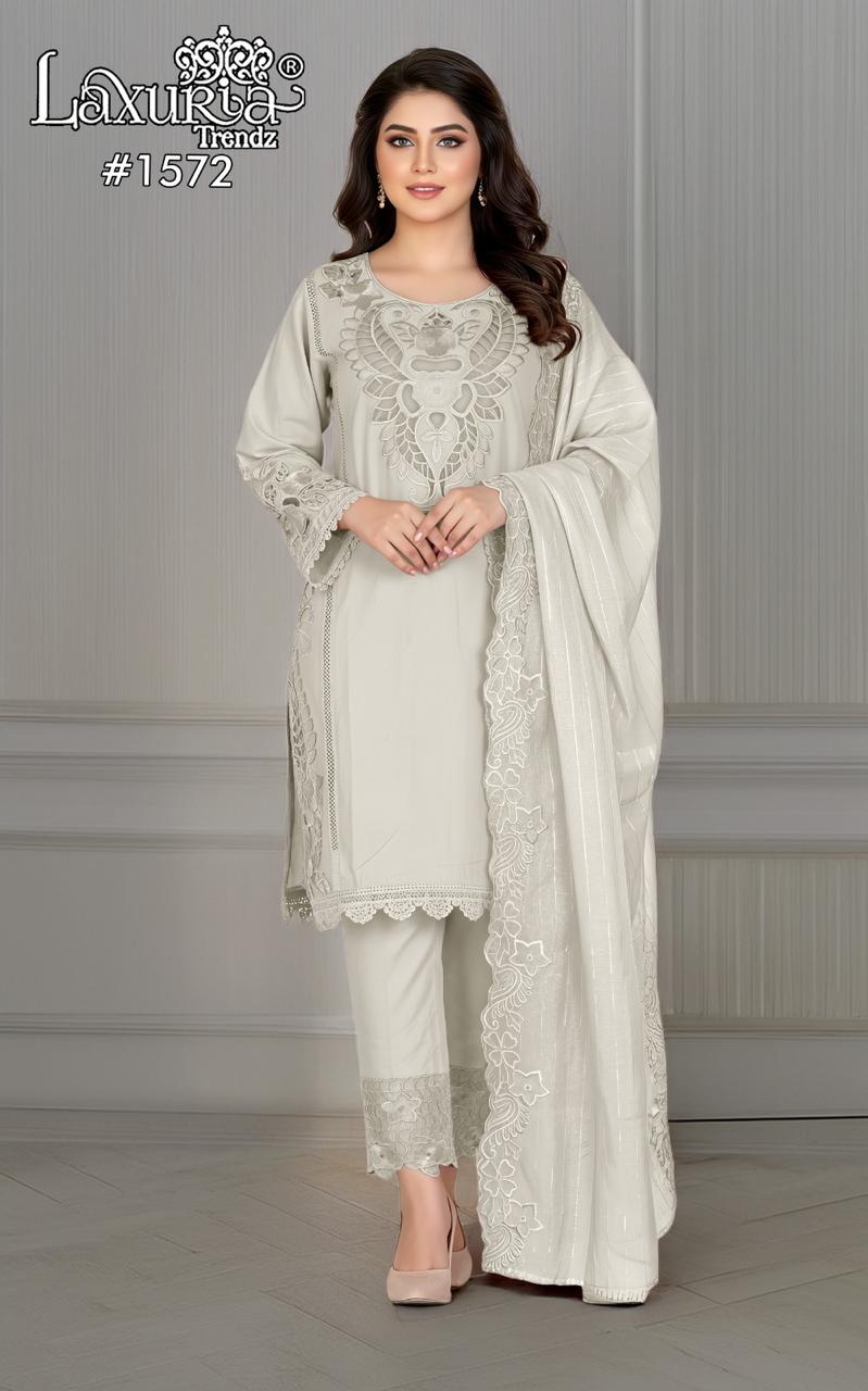 1572 Off White Laxuria Trendz Cambric Pakistani Readymade Suits