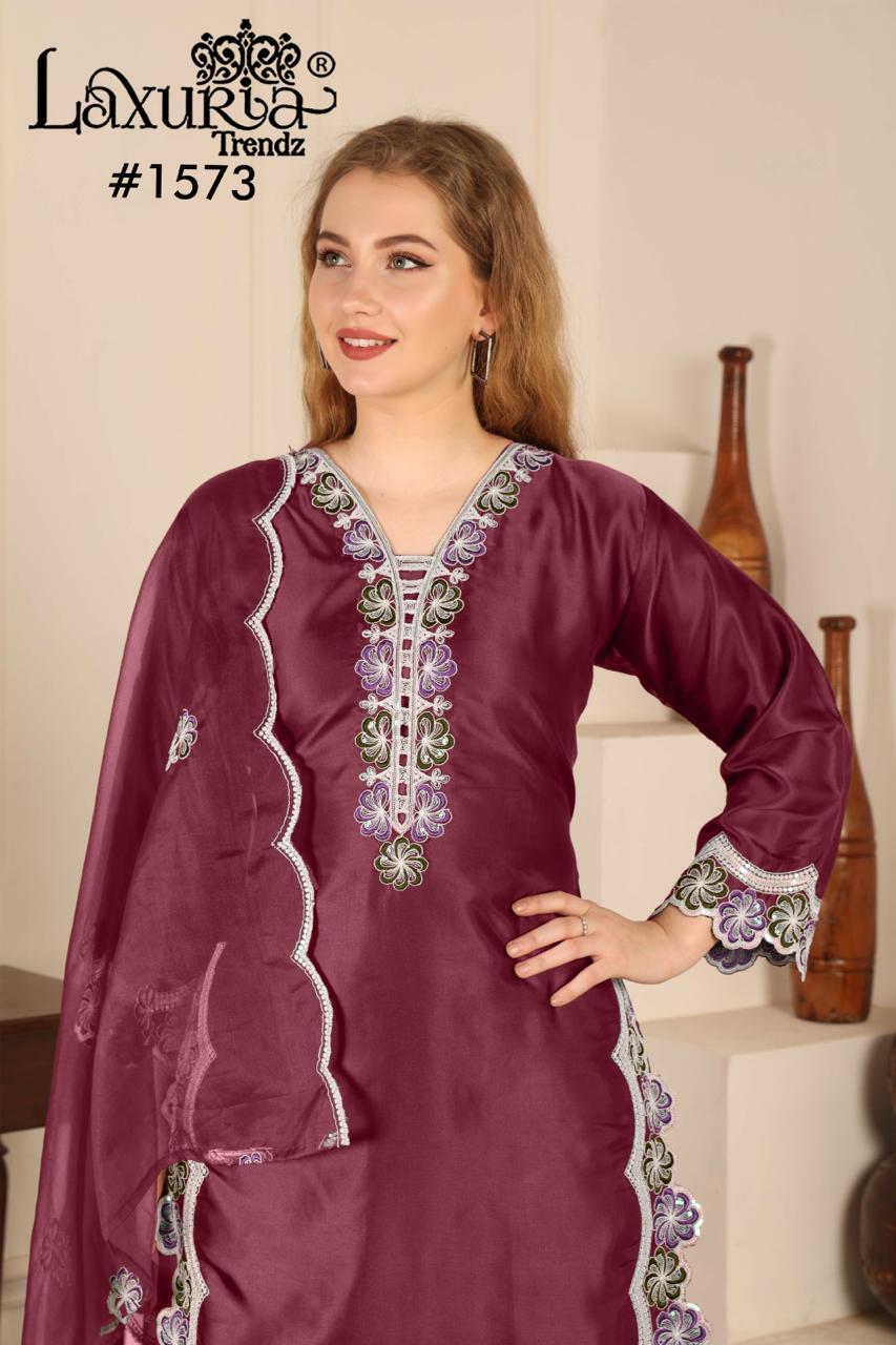 1573 Burgundy Laxuria Trendz Satin Pakistani Readymade Suits