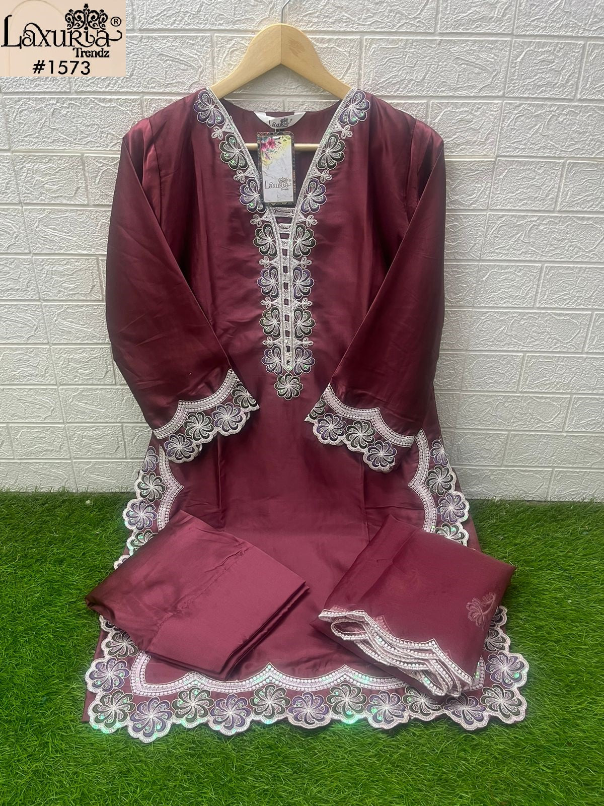 1573 Burgundy Laxuria Trendz Satin Pakistani Readymade Suits