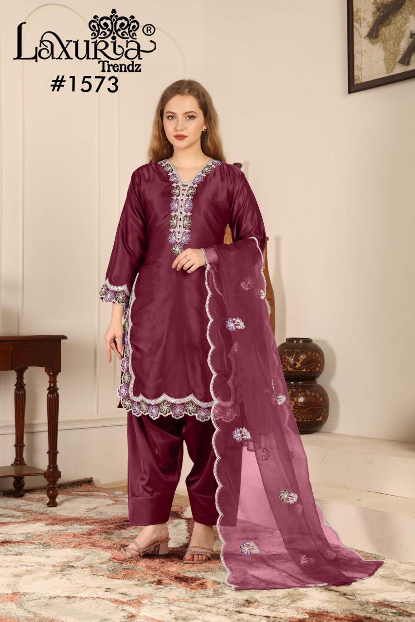 1573 Burgundy Laxuria Trendz Satin Pakistani Readymade Suits