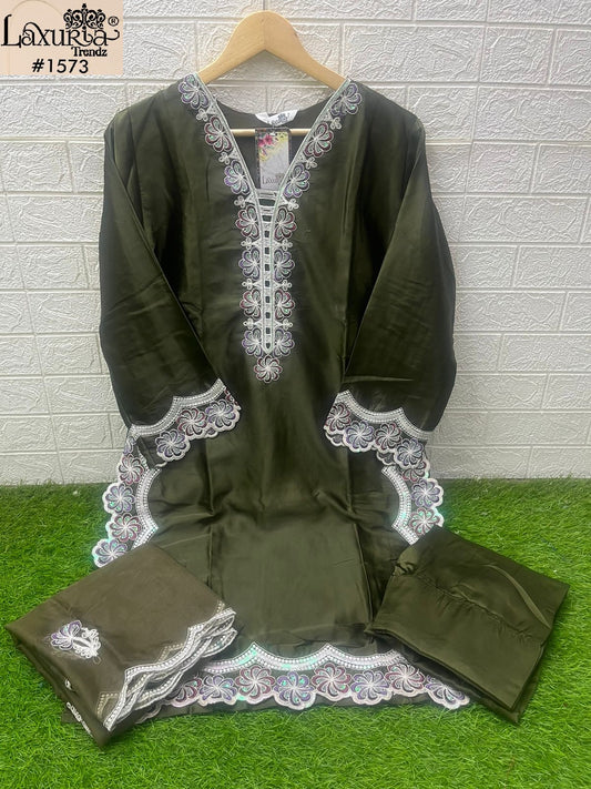 1573 Mehndi Laxuria Trendz Satin Pakistani Readymade Suits