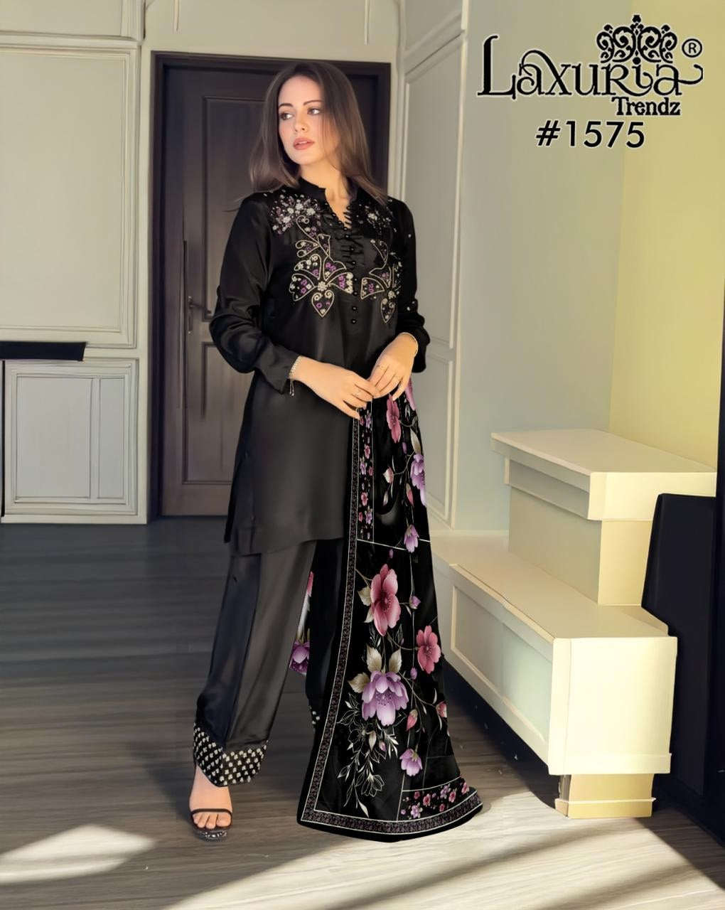 1575 Black Laxuria Trendz Satin Pakistani Readymade Suits