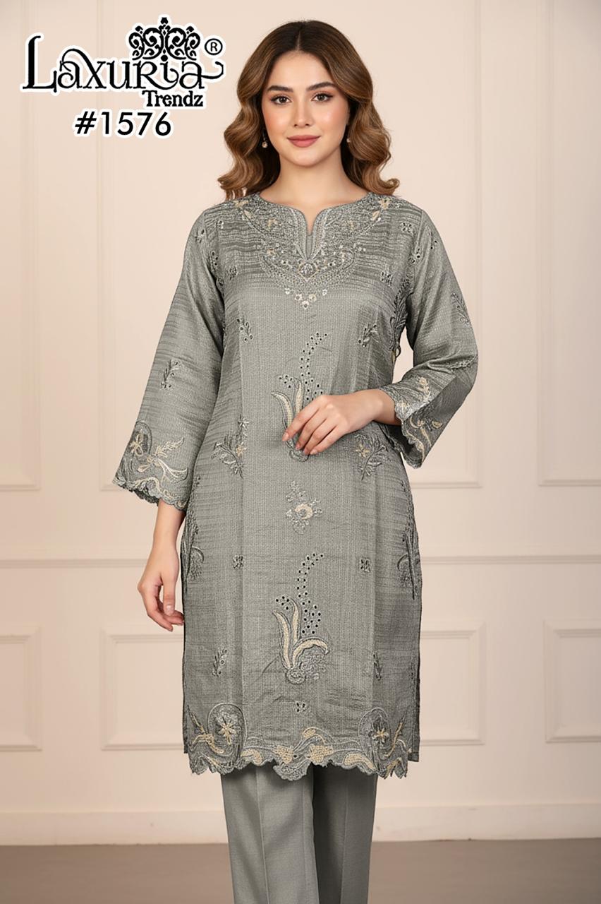 1576 Grey Laxuria Trendz Torrento Slub Pakistani Readymade Suits