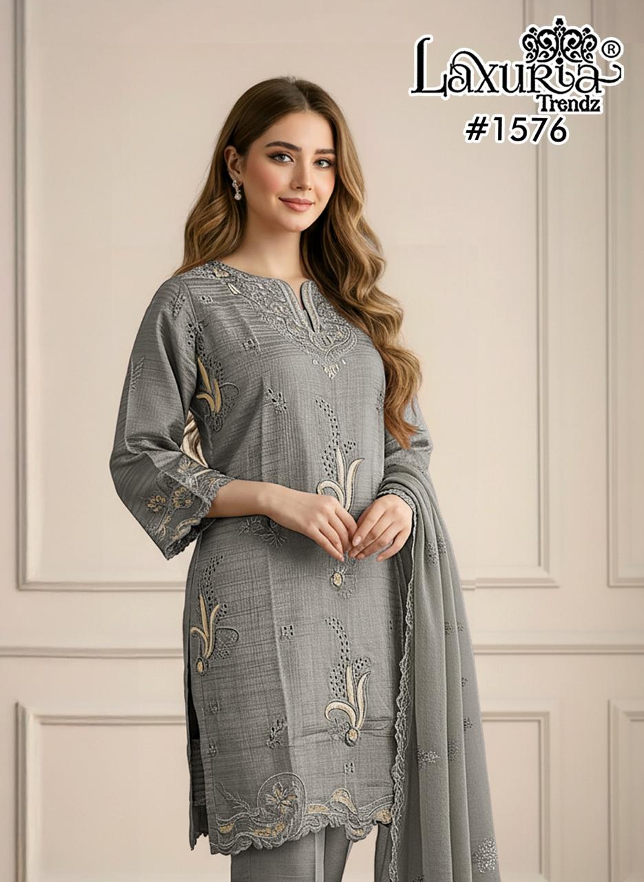 1576 Grey Laxuria Trendz Torrento Slub Pakistani Readymade Suits