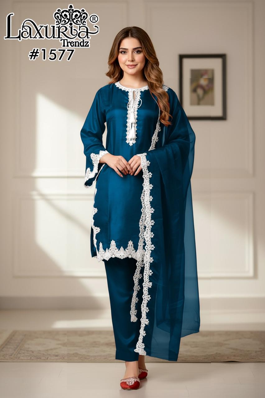 1577 Blue Laxuria Trendz Satin Pakistani Readymade Suits