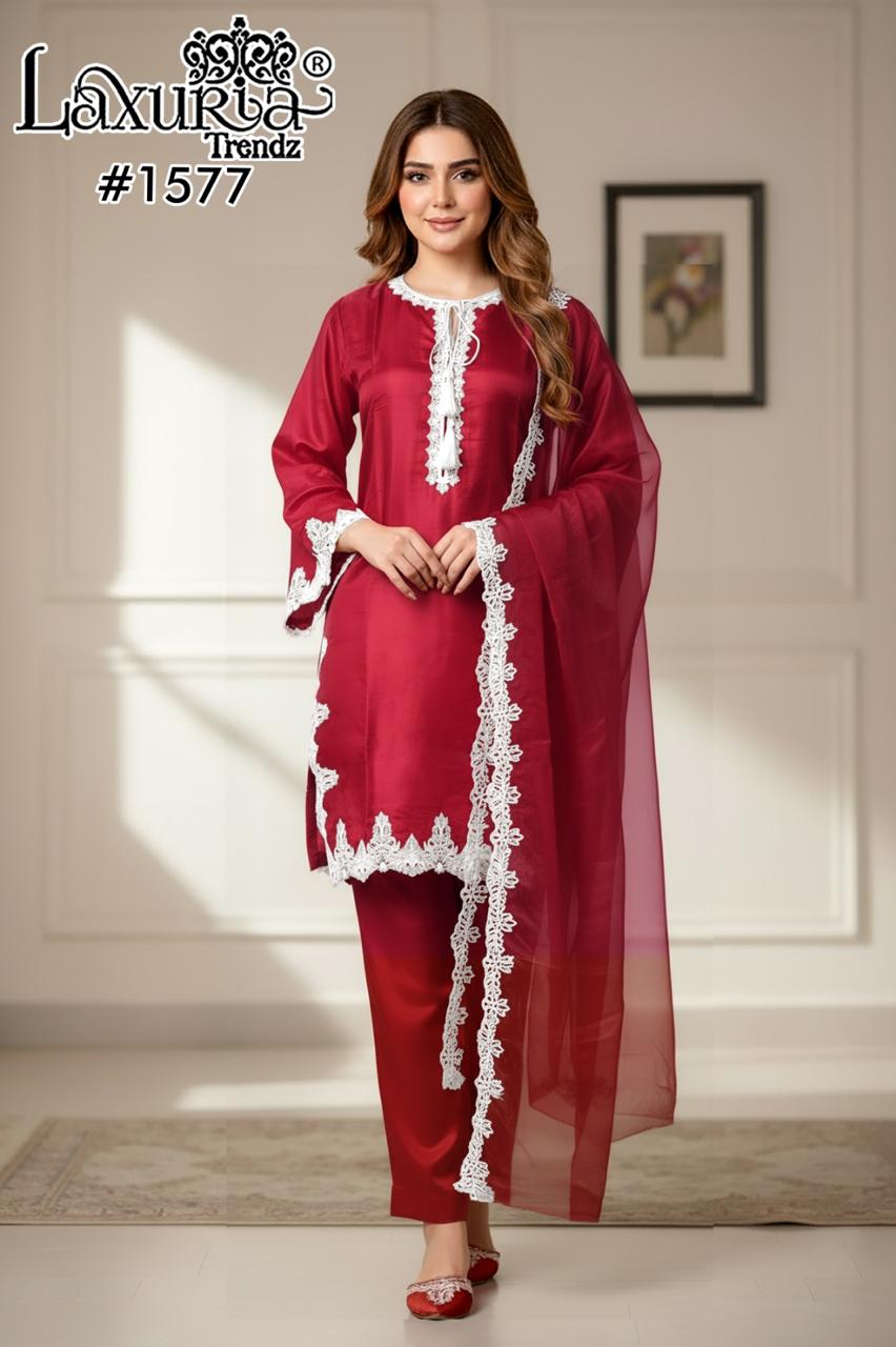 1577 Red Laxuria Trendz Satin Pakistani Readymade Suits