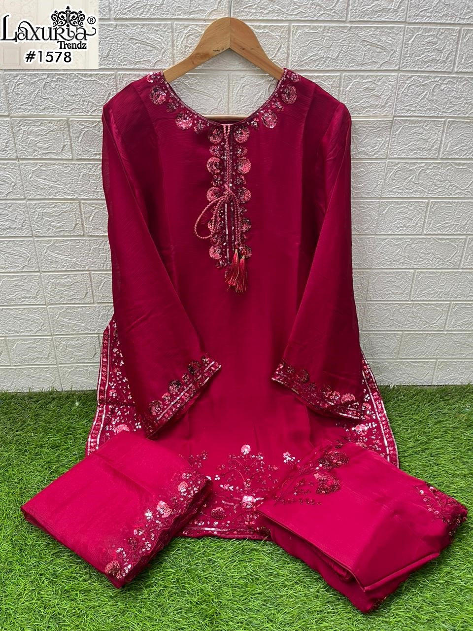 1578 Red Laxuria Trendz Satin Chiffon Pakistani Readymade Suits