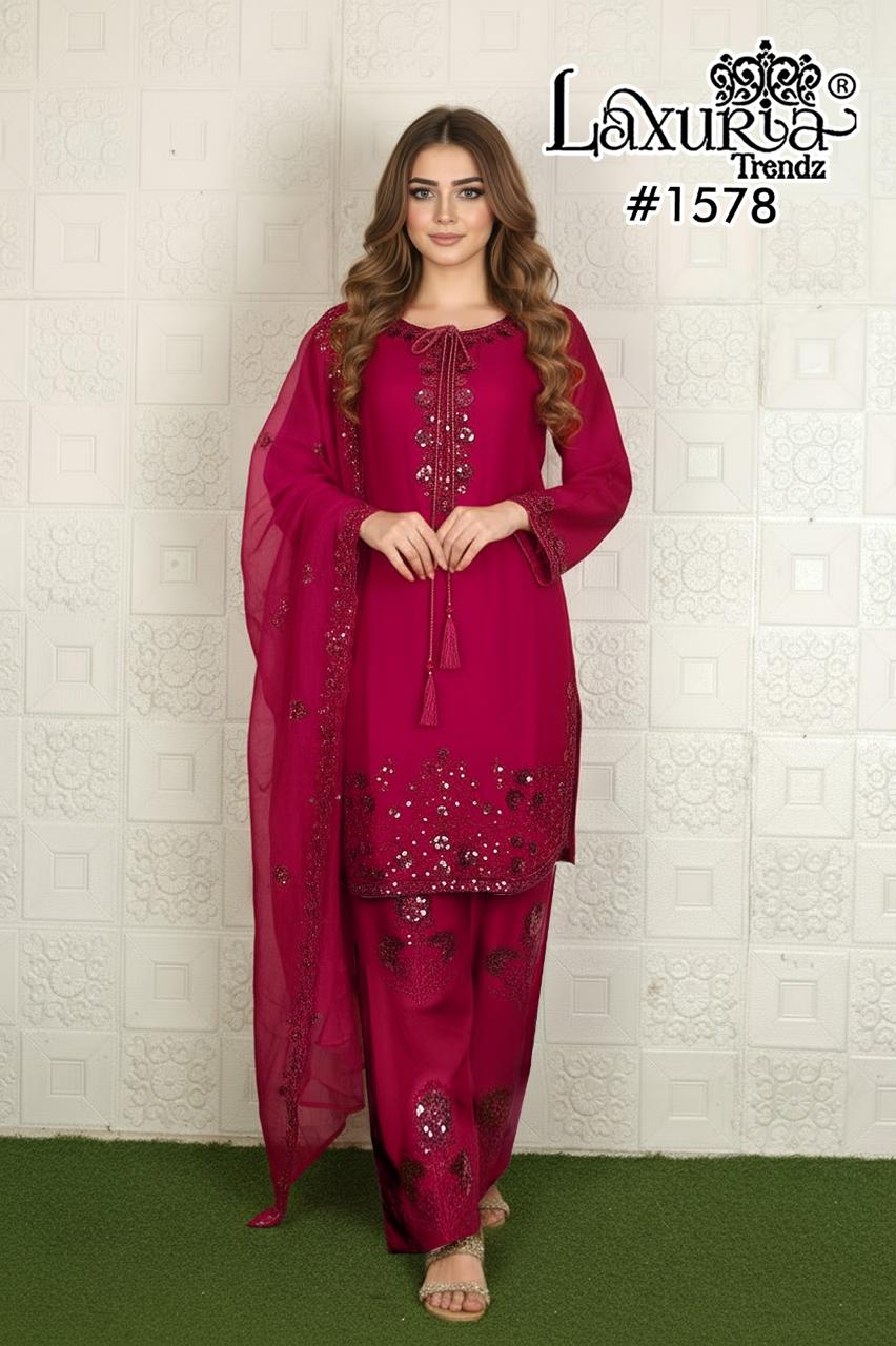 1578 Red Laxuria Trendz Satin Chiffon Pakistani Readymade Suits