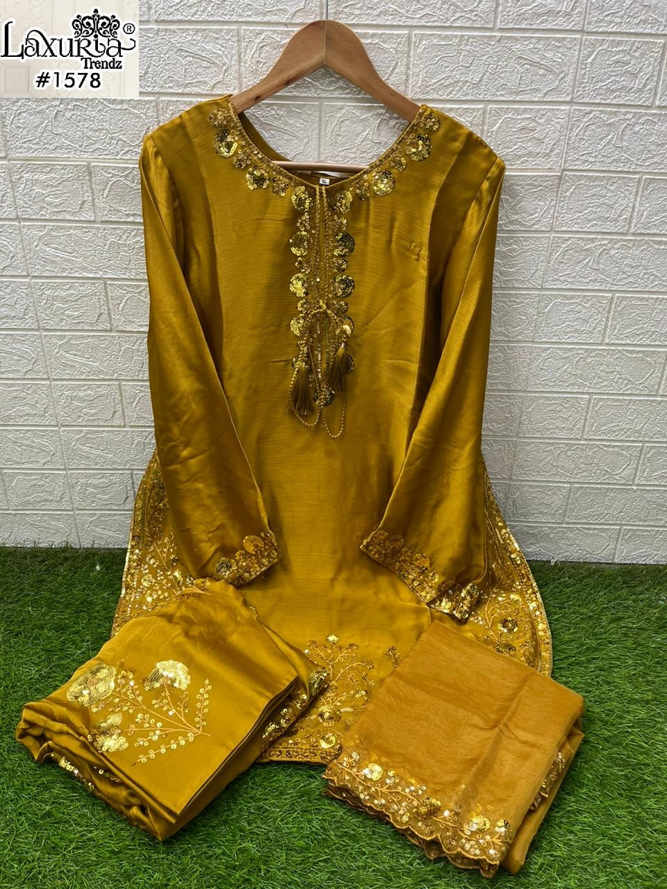 1578 Yellow Laxuria Trendz Satin Chiffon Pakistani Readymade Suits