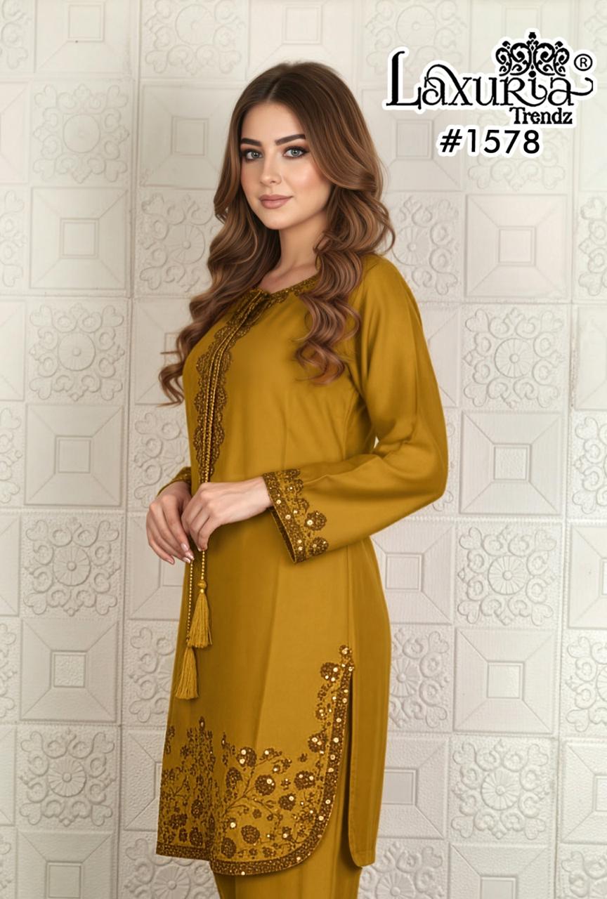 1578 Yellow Laxuria Trendz Satin Chiffon Pakistani Readymade Suits